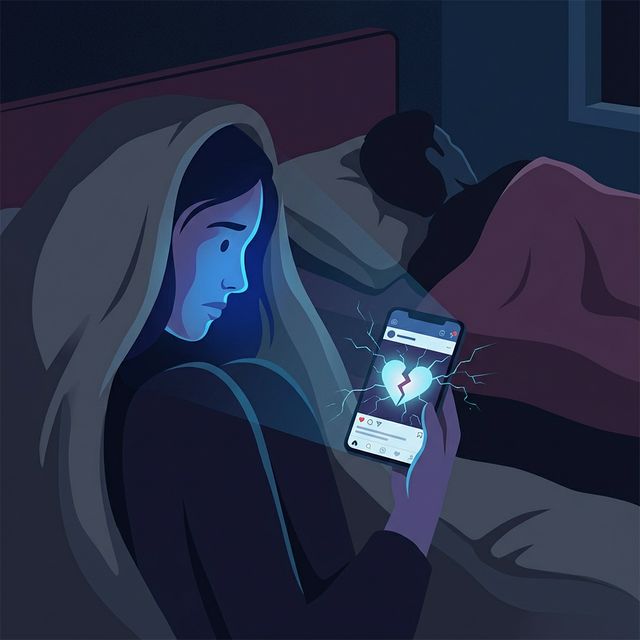 Couple in bed on phones with cracked heart