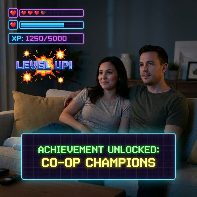 Couple with video game UI overlay